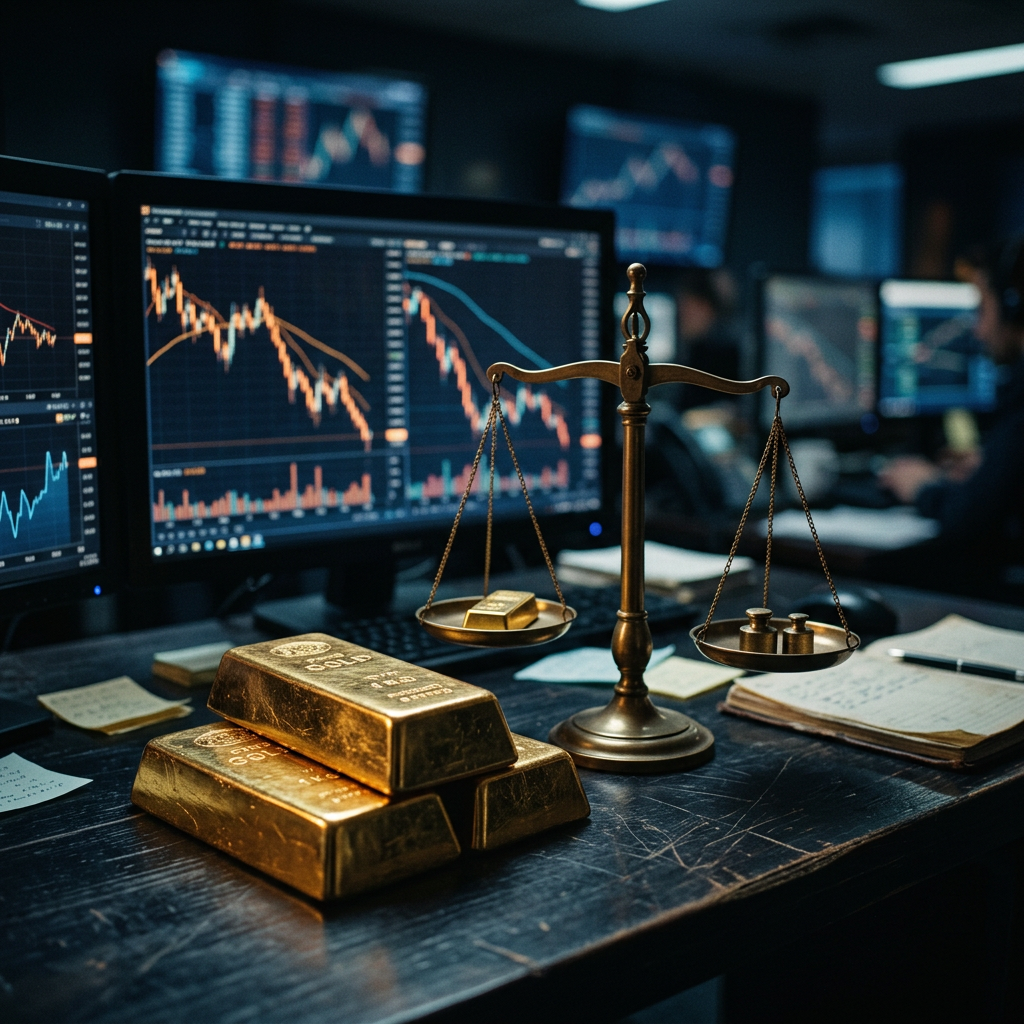 Gold bars and balance scale in front of falling financial market charts