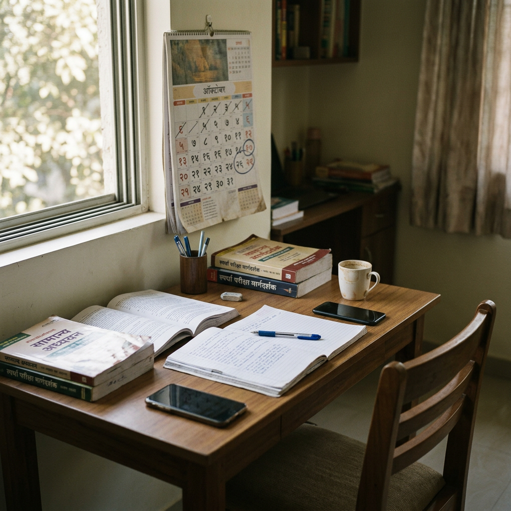 Study desk with open books, notes, pens, phones, tea, and wall calendar